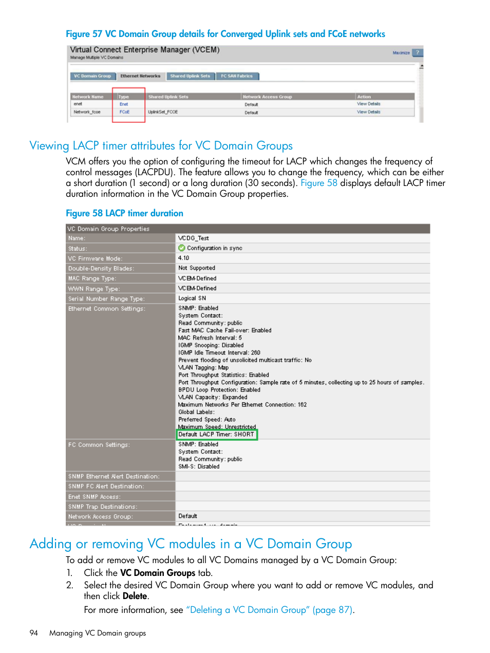 Viewing lacp timer attributes for vc domain groups, Adding or removing vc modules in a vc domain group | HP Virtual Connect Enterprise Manager Software User Manual | Page 94 / 195