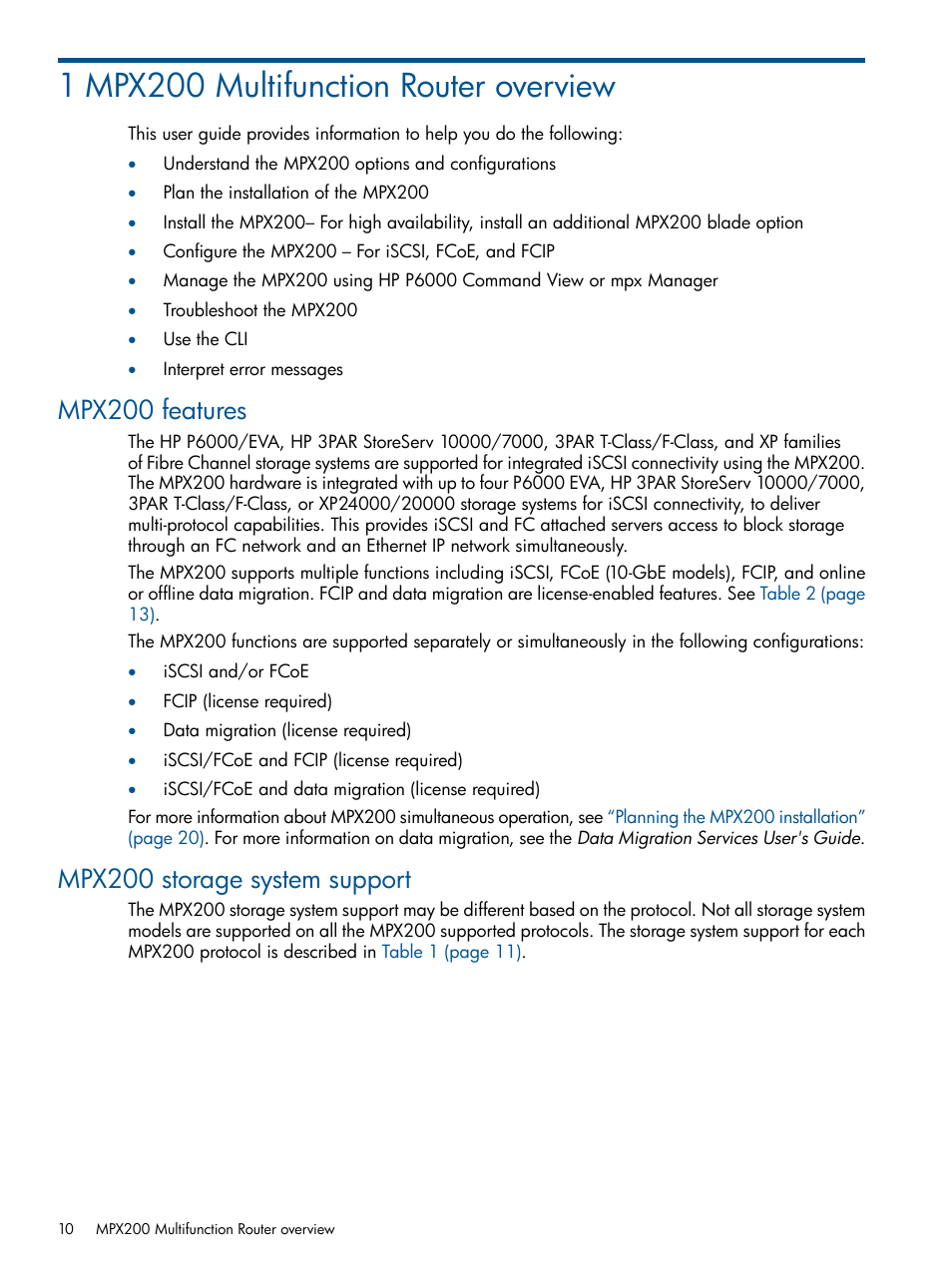 1 mpx200 multifunction router overview, Mpx200 features, Mpx200 storage system support | Mpx200 features mpx200 storage system support | HP MPX200 Multifunction Router User Manual | Page 10 / 258