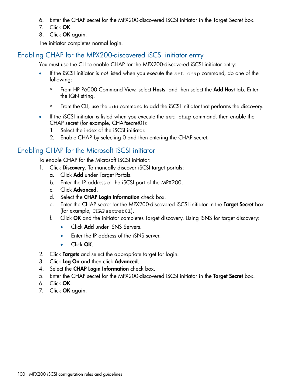 Enabling chap for the microsoft iscsi initiator | HP MPX200 Multifunction Router User Manual | Page 100 / 258