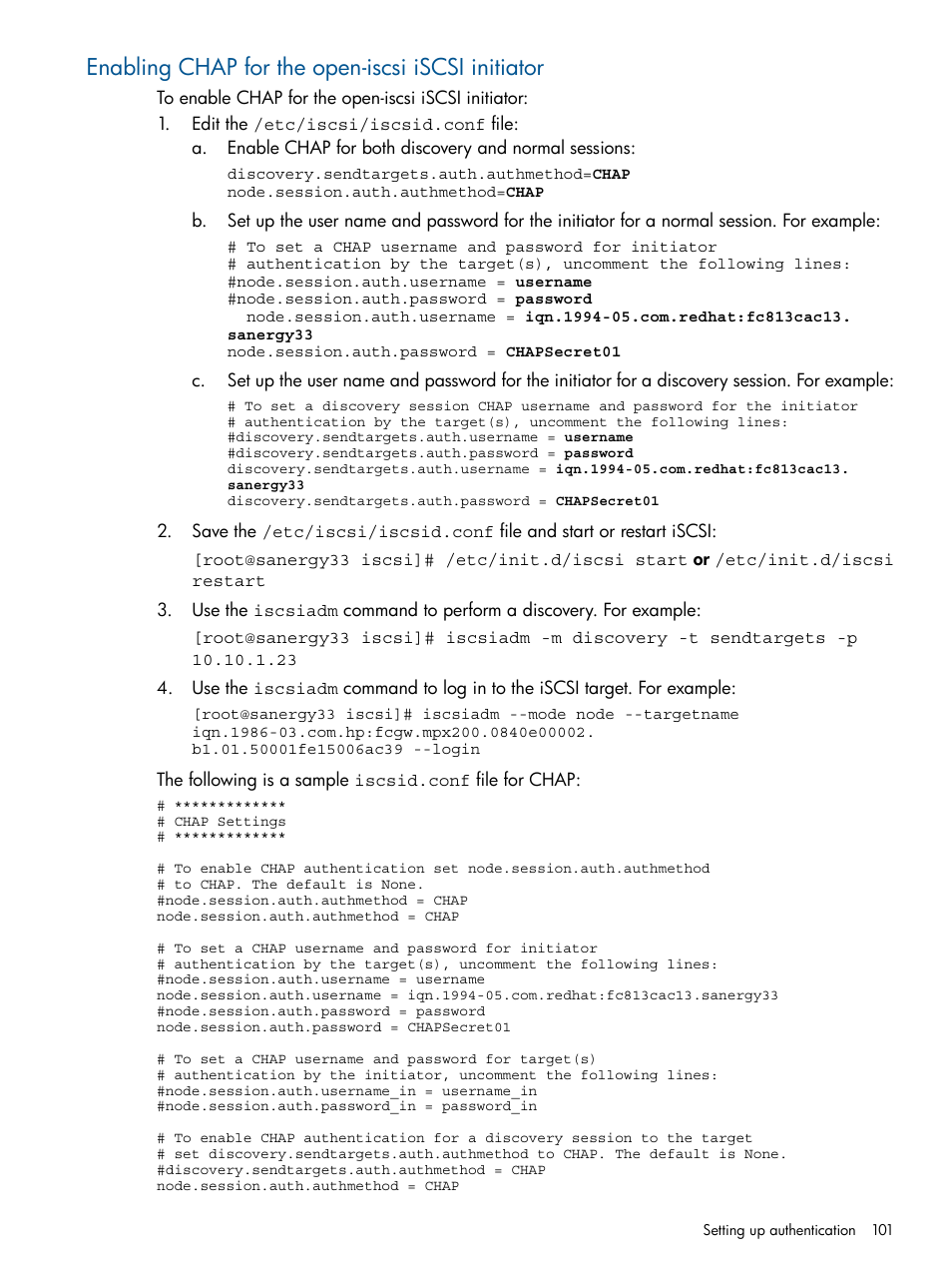 Enabling chap for the open-iscsi iscsi initiator | HP MPX200 Multifunction Router User Manual | Page 101 / 258