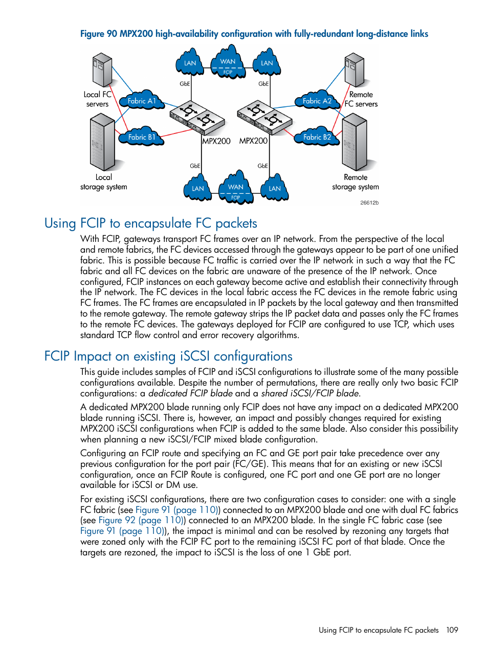 Using fcip to encapsulate fc packets, Fcip impact on existing iscsi configurations | HP MPX200 Multifunction Router User Manual | Page 109 / 258