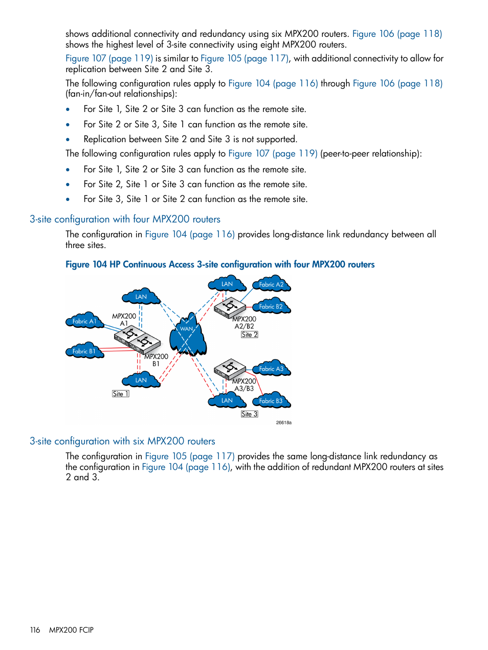 Site configuration with four mpx200 routers, Site configuration with six mpx200 routers | HP MPX200 Multifunction Router User Manual | Page 116 / 258