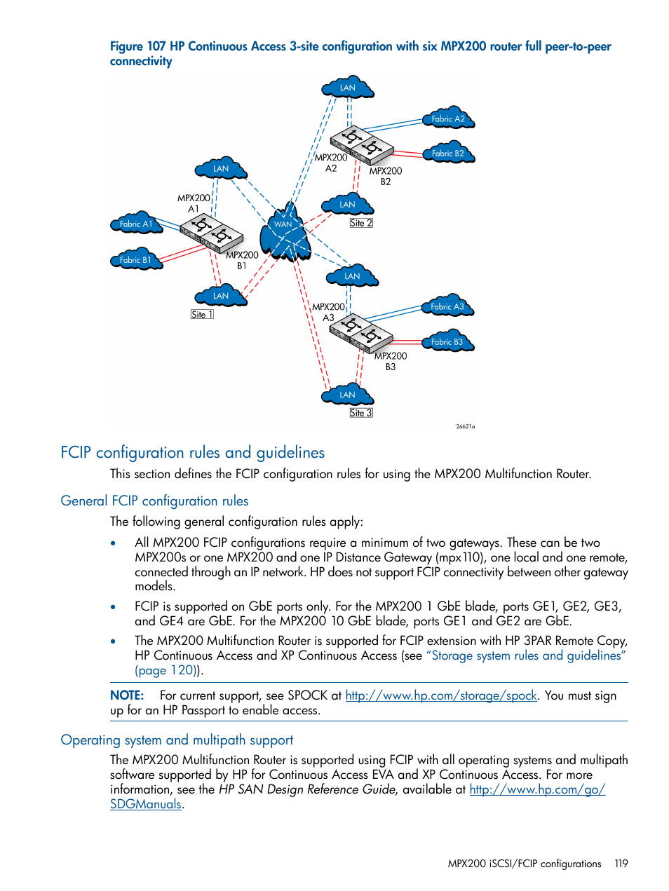 Fcip configuration rules and guidelines, General fcip configuration rules, Operating system and multipath support | HP MPX200 Multifunction Router User Manual | Page 119 / 258