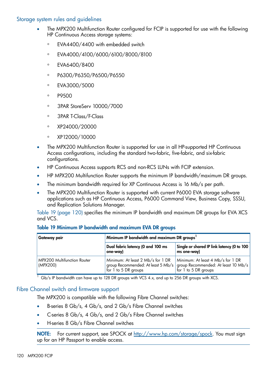 Storage system rules and guidelines, Fibre channel switch and firmware support | HP MPX200 Multifunction Router User Manual | Page 120 / 258