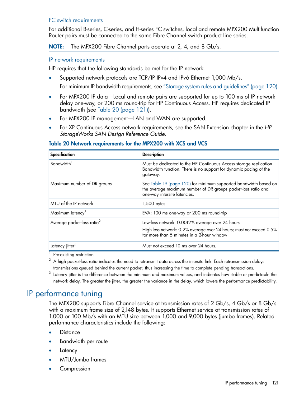 Fc switch requirements, Ip network requirements, Ip performance tuning | Fc switch requirements ip network requirements | HP MPX200 Multifunction Router User Manual | Page 121 / 258