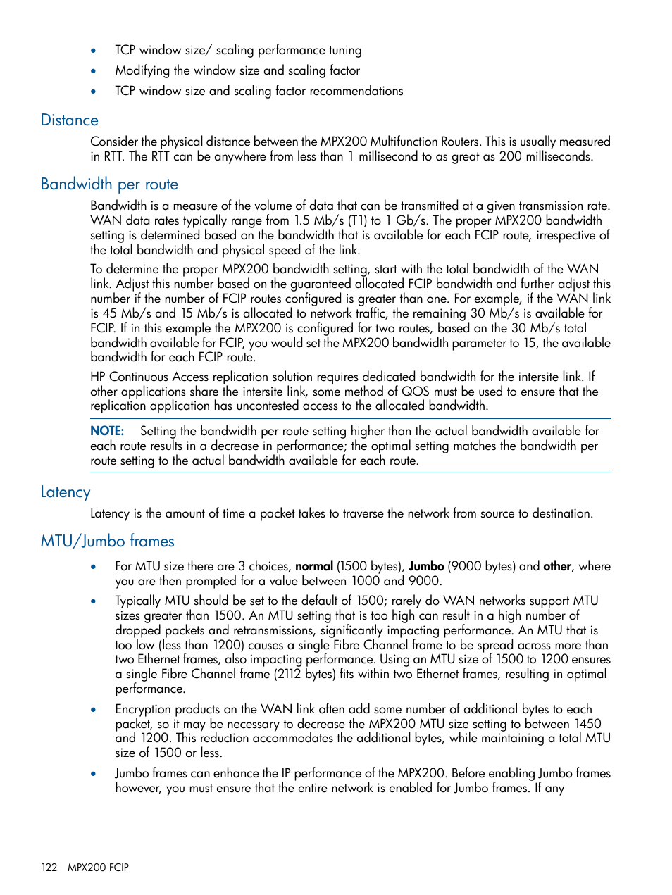 Distance, Bandwidth per route, Latency | Mtu/jumbo frames | HP MPX200 Multifunction Router User Manual | Page 122 / 258