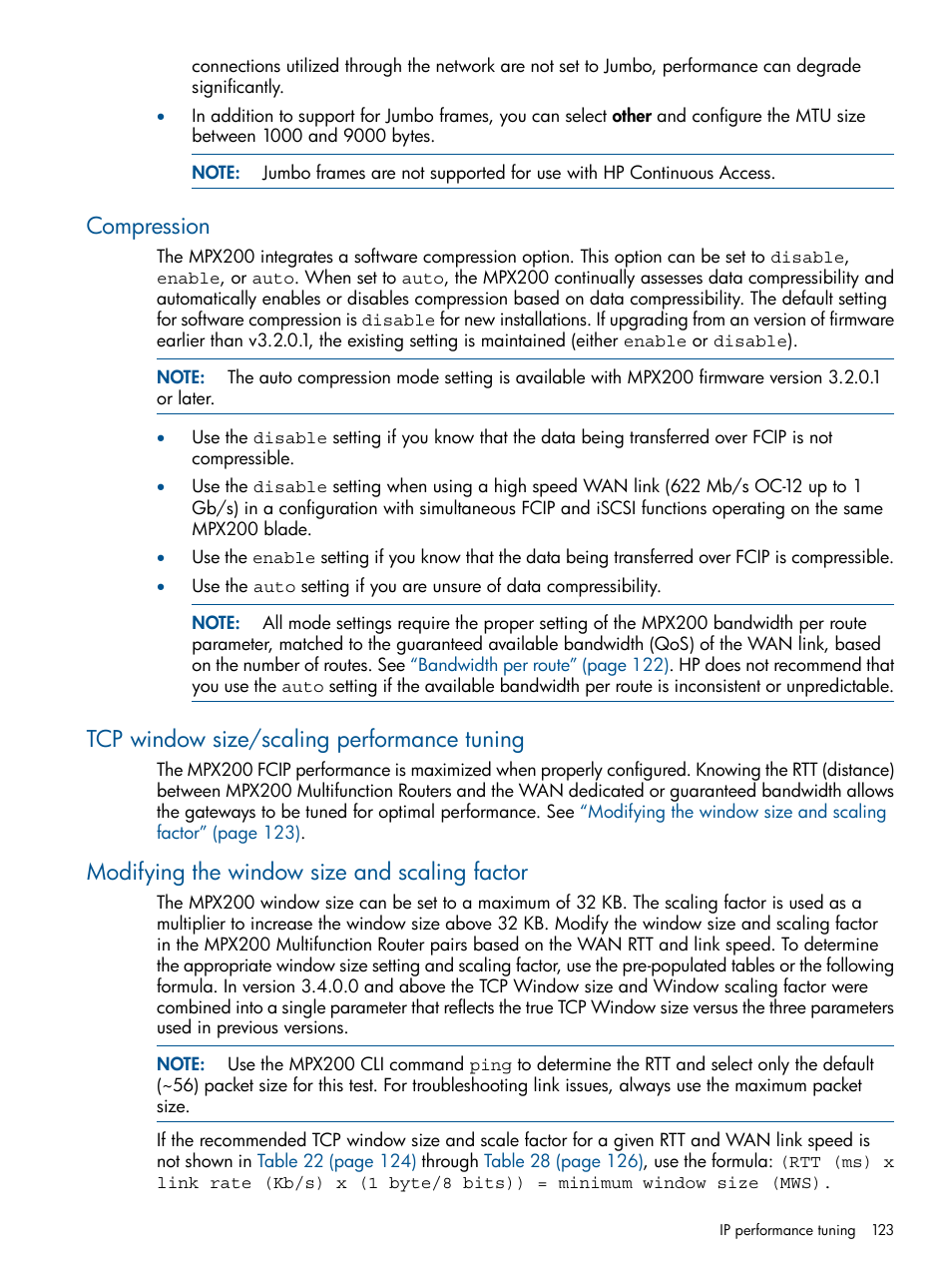 Compression, Tcp window size/scaling performance tuning, Modifying the window size and scaling factor | HP MPX200 Multifunction Router User Manual | Page 123 / 258