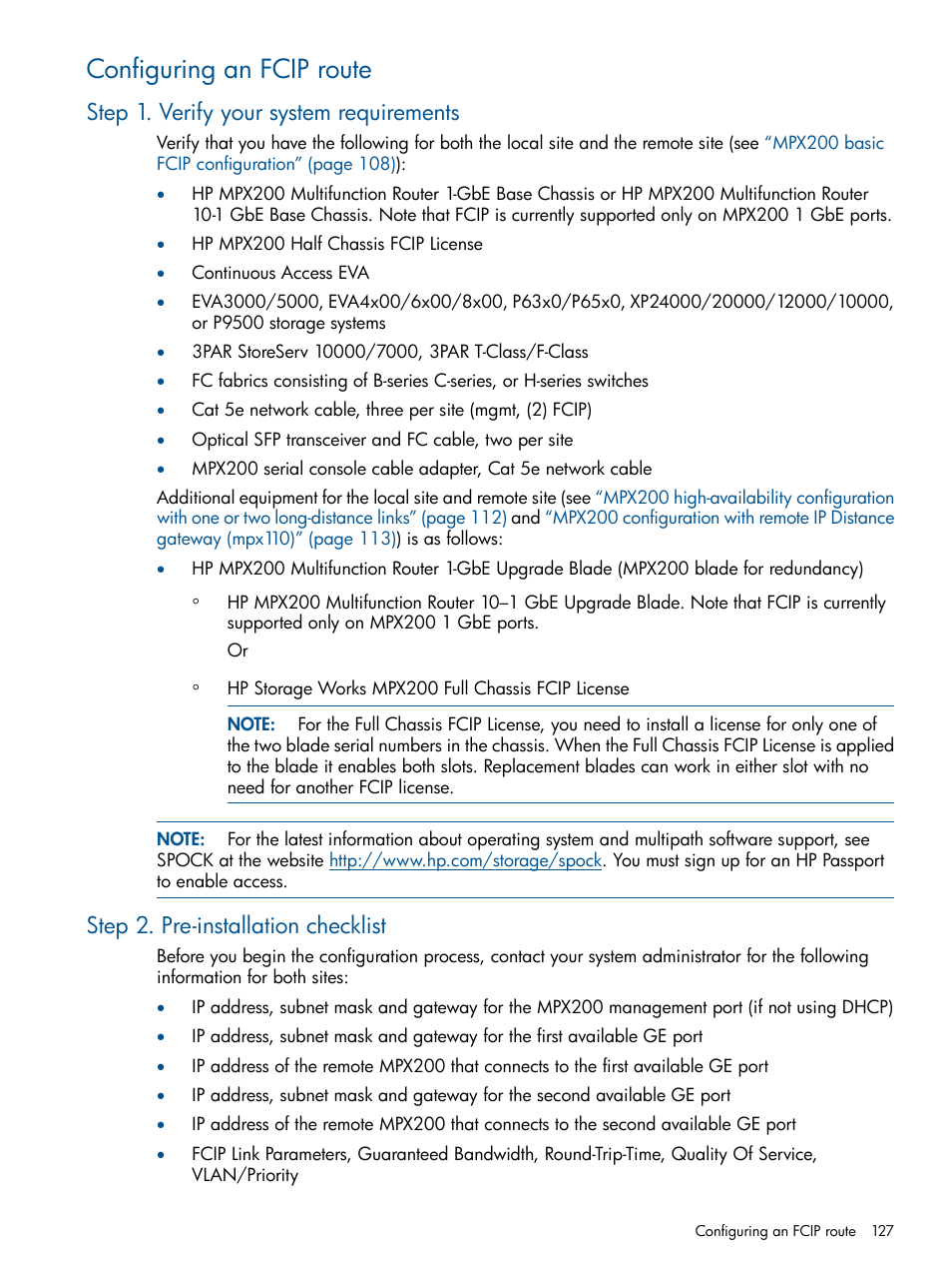 Configuring an fcip route, Step 1. verify your system requirements, Step 2. pre-installation checklist | HP MPX200 Multifunction Router User Manual | Page 127 / 258