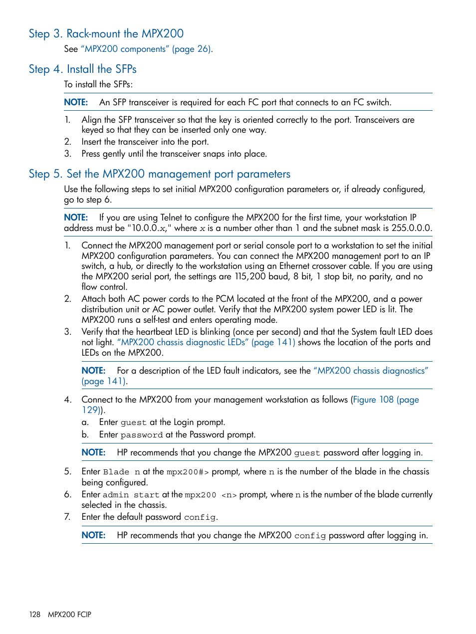 Step 3. rack-mount the mpx200, Step 4. install the sfps, Step 5. set the mpx200 management port parameters | HP MPX200 Multifunction Router User Manual | Page 128 / 258