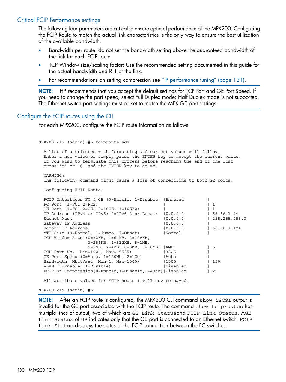 Critical fcip performance settings, Configure the fcip routes using the cli | HP MPX200 Multifunction Router User Manual | Page 130 / 258