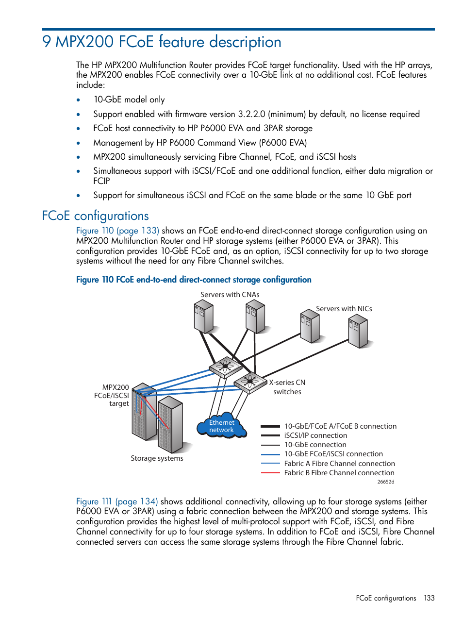 9 mpx200 fcoe feature description, Fcoe configurations | HP MPX200 Multifunction Router User Manual | Page 133 / 258