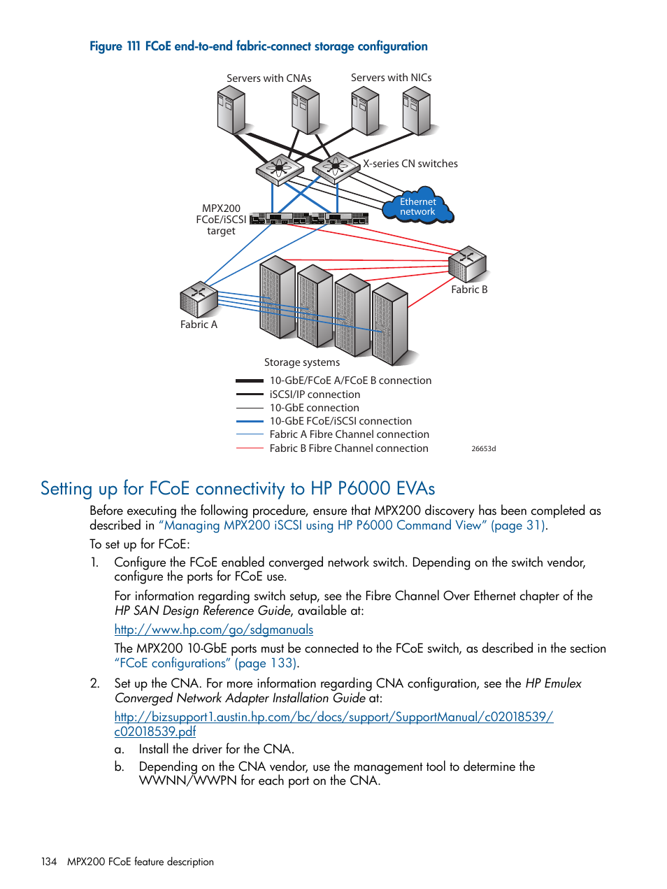 Setting up for fcoe connectivity to hp p6000 evas | HP MPX200 Multifunction Router User Manual | Page 134 / 258