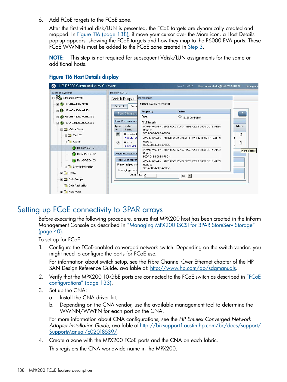 Setting up fcoe connectivity to 3par arrays | HP MPX200 Multifunction Router User Manual | Page 138 / 258