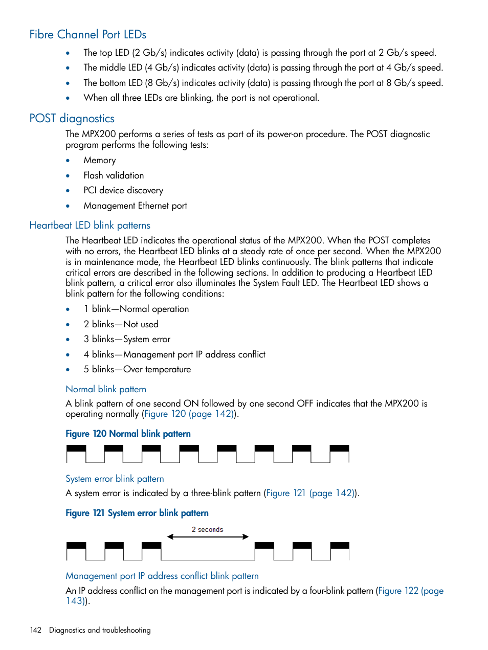 Fibre channel port leds, Post diagnostics, Heartbeat led blink patterns | Normal blink pattern, System error blink pattern, Management port ip address conflict blink pattern, Fibre channel port leds post diagnostics | HP MPX200 Multifunction Router User Manual | Page 142 / 258