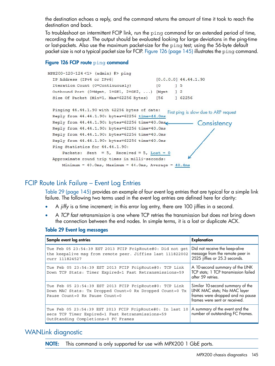 Fcip route link failure – event log entries, Wanlink diagnostic | HP MPX200 Multifunction Router User Manual | Page 145 / 258