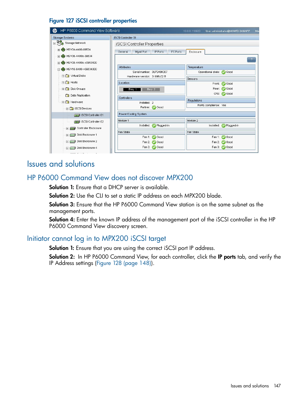 Issues and solutions, Hp p6000 command view does not discover mpx200, Initiator cannot log in to mpx200 iscsi target | HP MPX200 Multifunction Router User Manual | Page 147 / 258