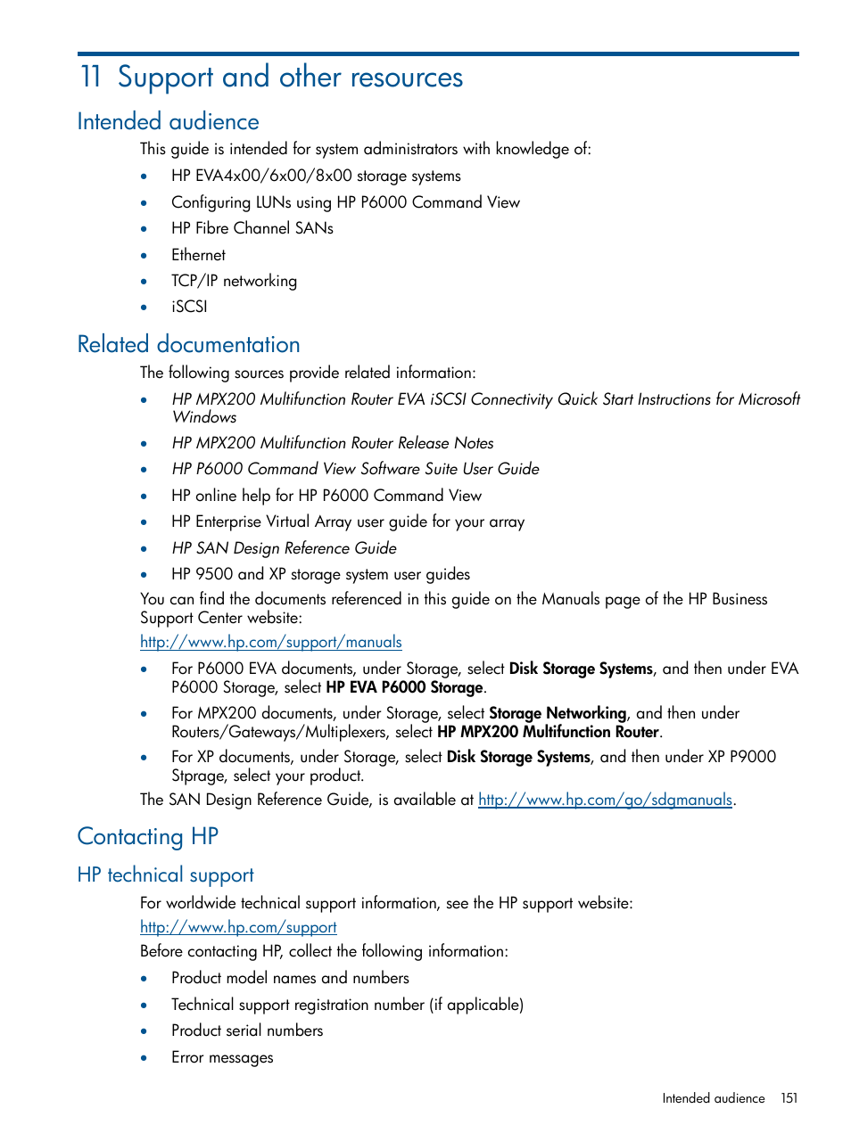 11 support and other resources, Intended audience, Related documentation | Contacting hp, Hp technical support | HP MPX200 Multifunction Router User Manual | Page 151 / 258