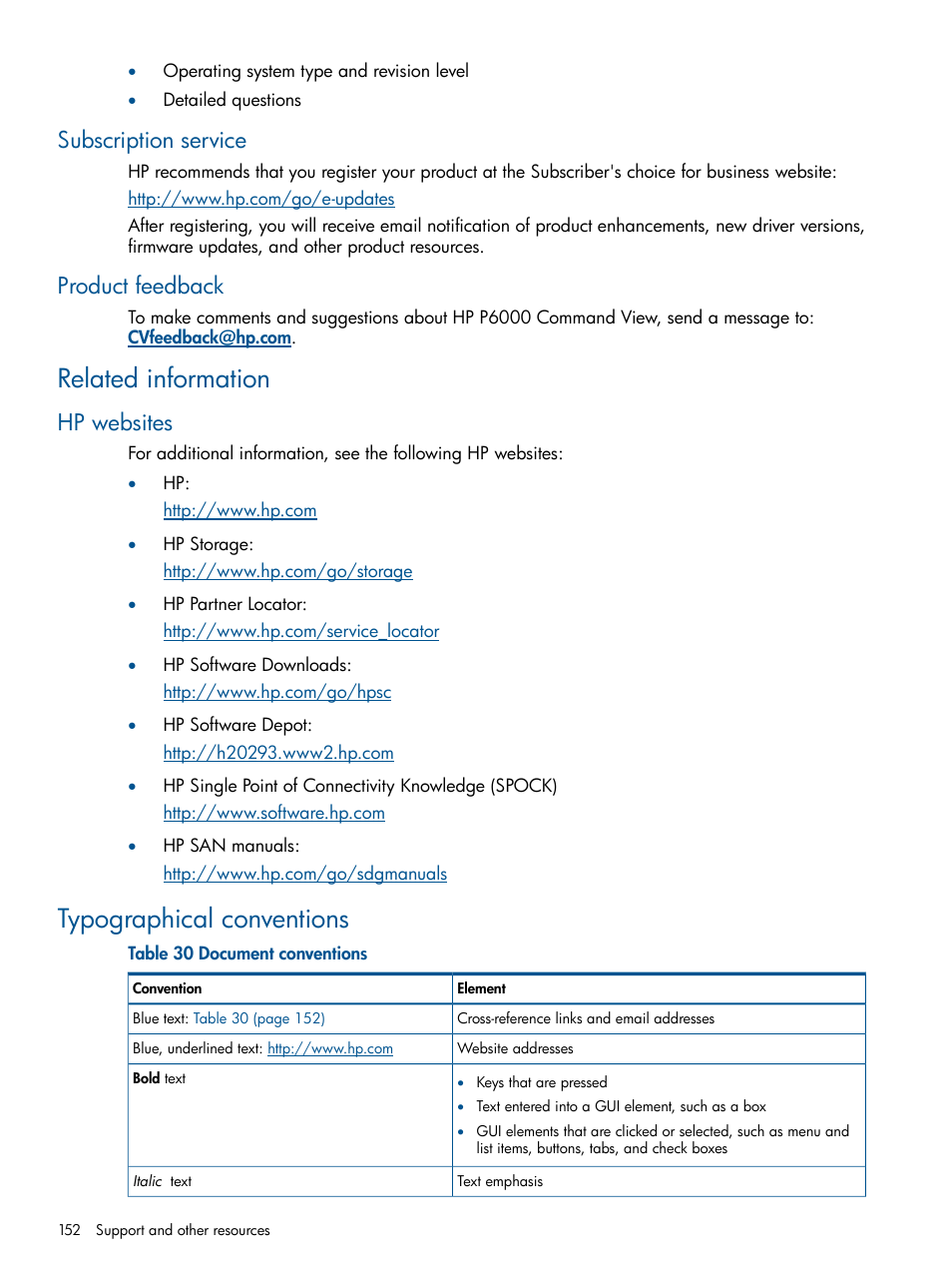 Subscription service, Product feedback, Related information | Hp websites, Typographical conventions, Subscription service product feedback | HP MPX200 Multifunction Router User Manual | Page 152 / 258