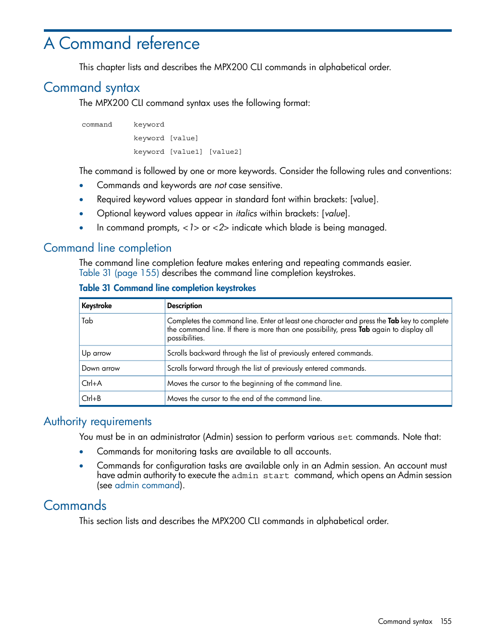 A command reference, Command syntax, Command line completion | Authority requirements, Commands, Command line completion authority requirements | HP MPX200 Multifunction Router User Manual | Page 155 / 258