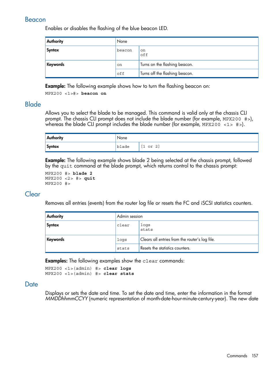 Beacon, Blade, Clear | Date, Beacon blade clear date | HP MPX200 Multifunction Router User Manual | Page 157 / 258