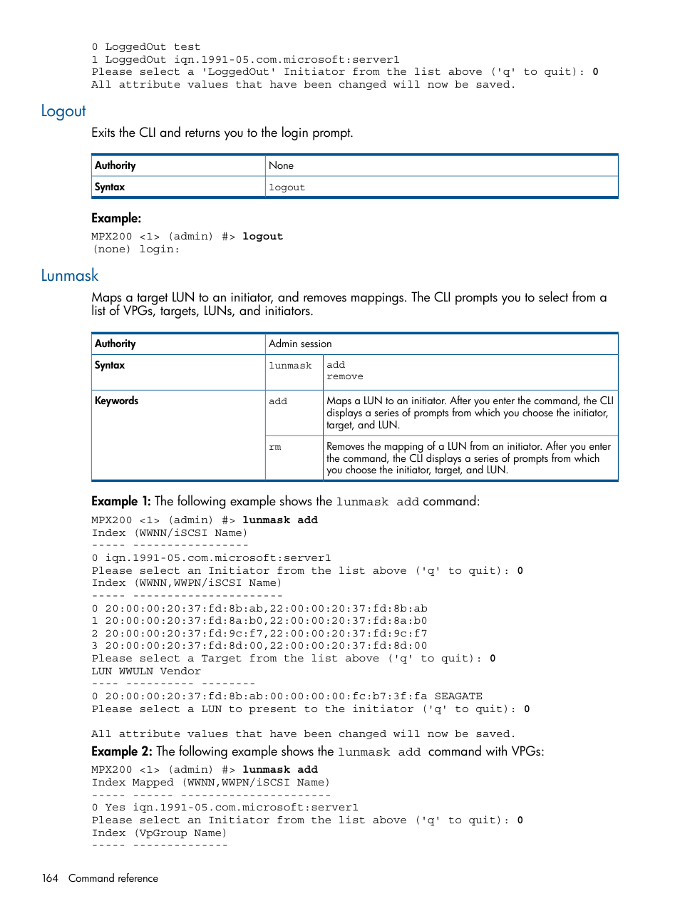 Logout, Lunmask, Logout lunmask | HP MPX200 Multifunction Router User Manual | Page 164 / 258