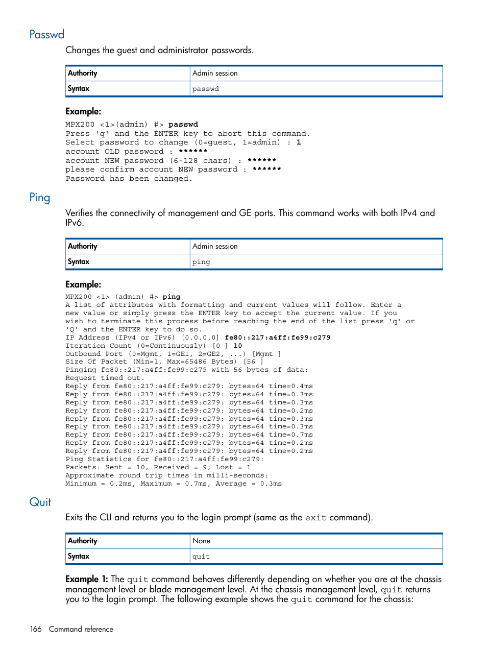 Passwd, Ping, Quit | Passwd ping quit | HP MPX200 Multifunction Router User Manual | Page 166 / 258