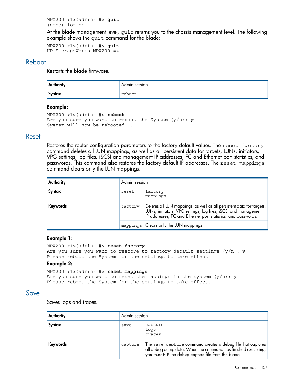 Reboot, Reset, Save | Reboot reset save | HP MPX200 Multifunction Router User Manual | Page 167 / 258