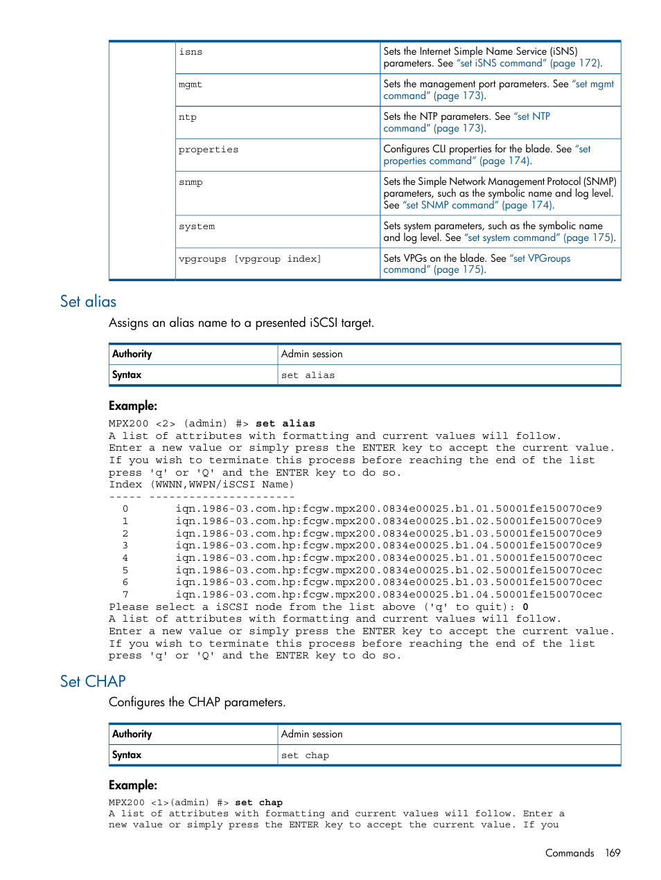 Set alias, Set chap, Set alias set chap | HP MPX200 Multifunction Router User Manual | Page 169 / 258