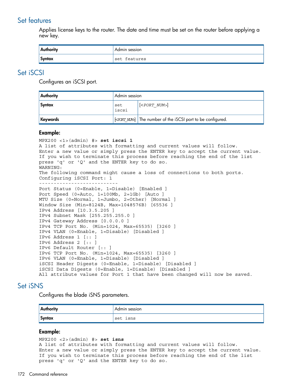 Set features, Set iscsi, Set isns | Set features set iscsi set isns | HP MPX200 Multifunction Router User Manual | Page 172 / 258