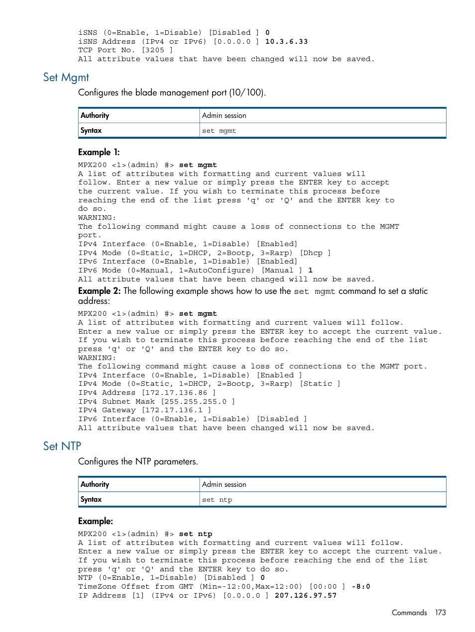 Set mgmt, Set ntp, Set mgmt set ntp | HP MPX200 Multifunction Router User Manual | Page 173 / 258