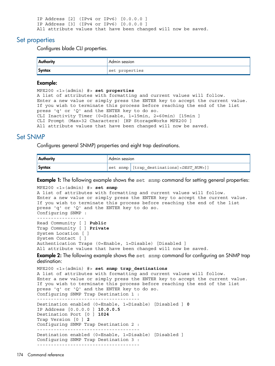 Set properties, Set snmp, Set properties set snmp | HP MPX200 Multifunction Router User Manual | Page 174 / 258