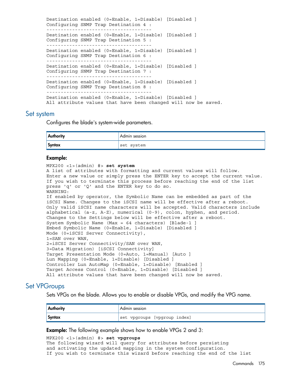 Set system, Set vpgroups, Set system set vpgroups | HP MPX200 Multifunction Router User Manual | Page 175 / 258