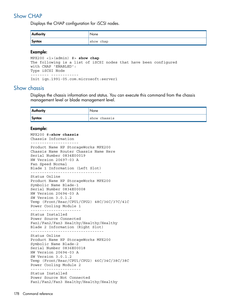 Show chap, Show chassis, Show chap show chassis | Show | HP MPX200 Multifunction Router User Manual | Page 178 / 258