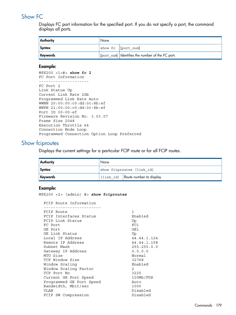 Show fc, Show fciproutes, Show fc show fciproutes | HP MPX200 Multifunction Router User Manual | Page 179 / 258