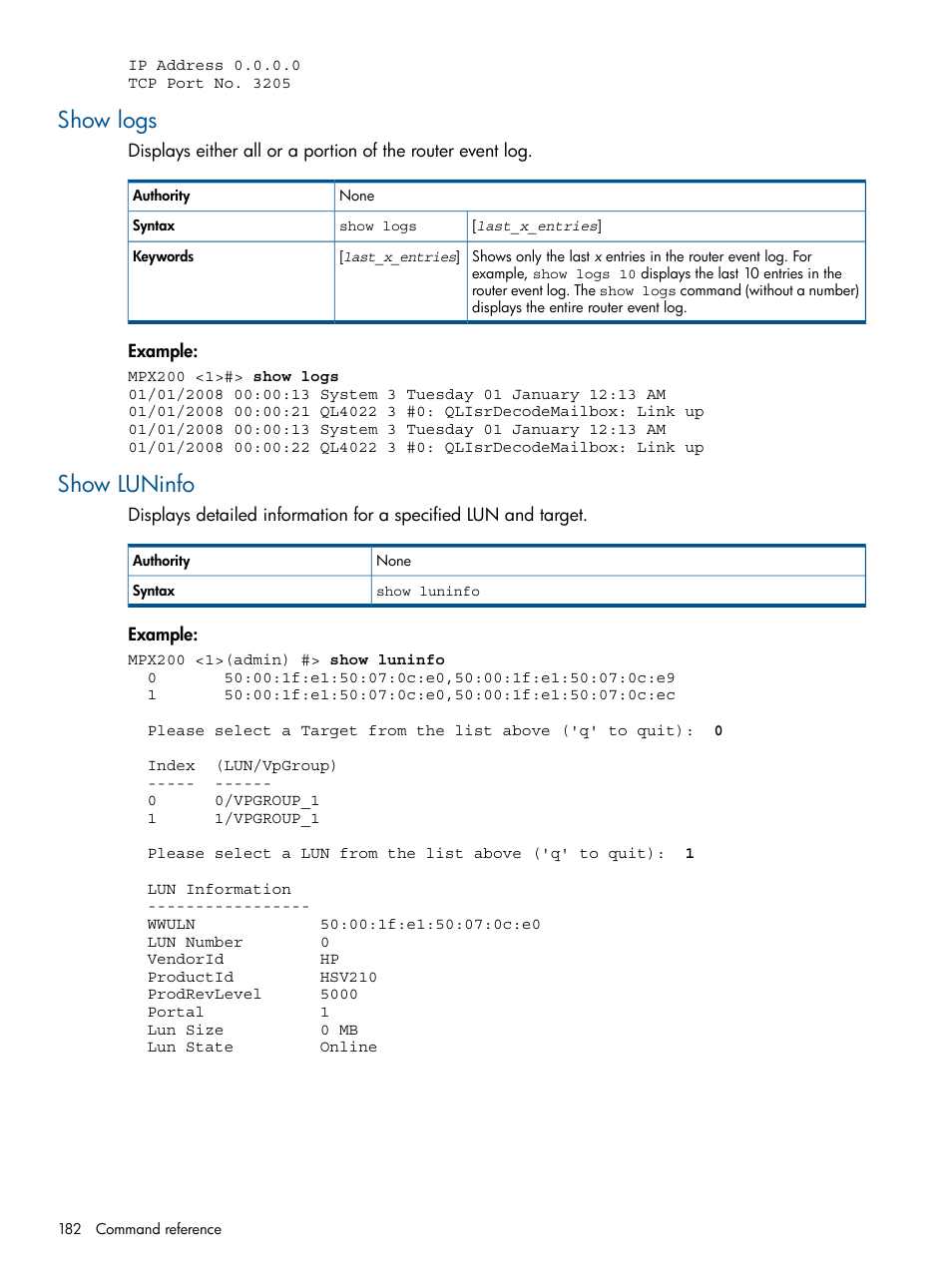 Show logs, Show luninfo, Show | HP MPX200 Multifunction Router User Manual | Page 182 / 258