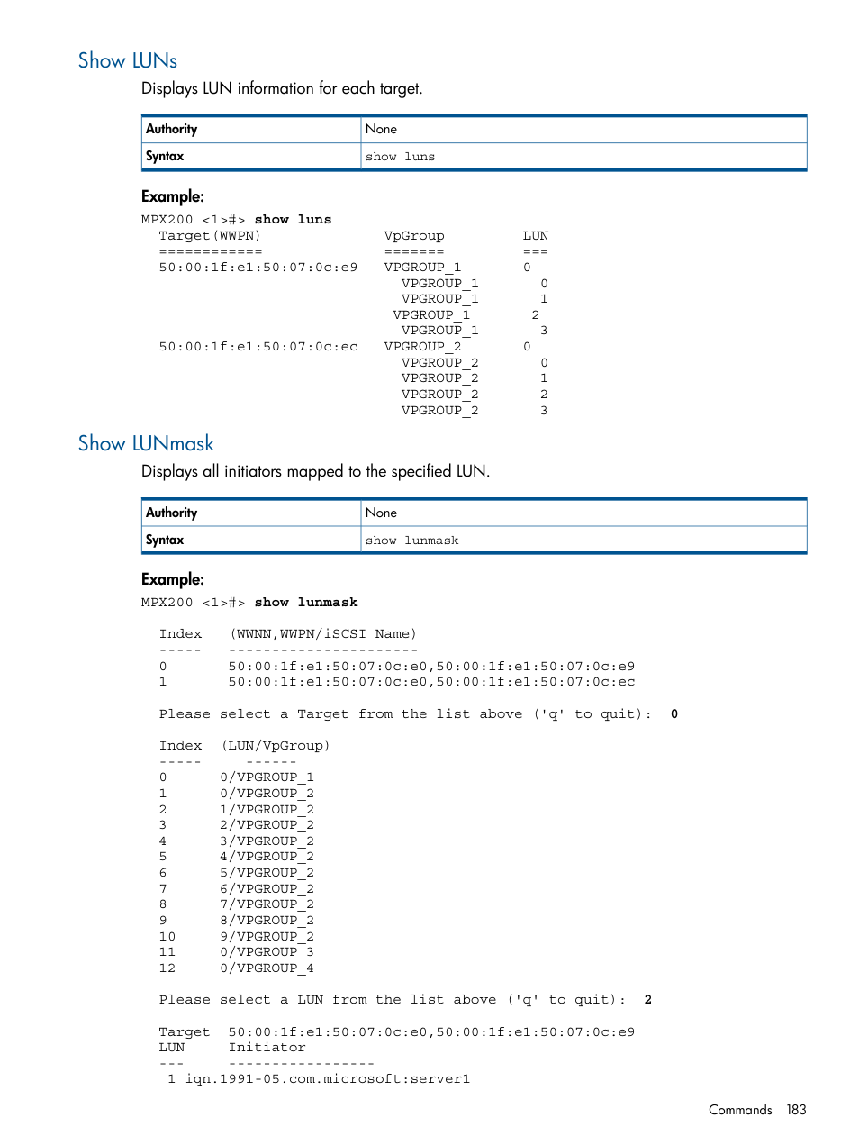 Show luns, Show lunmask, Show luns show lunmask | HP MPX200 Multifunction Router User Manual | Page 183 / 258