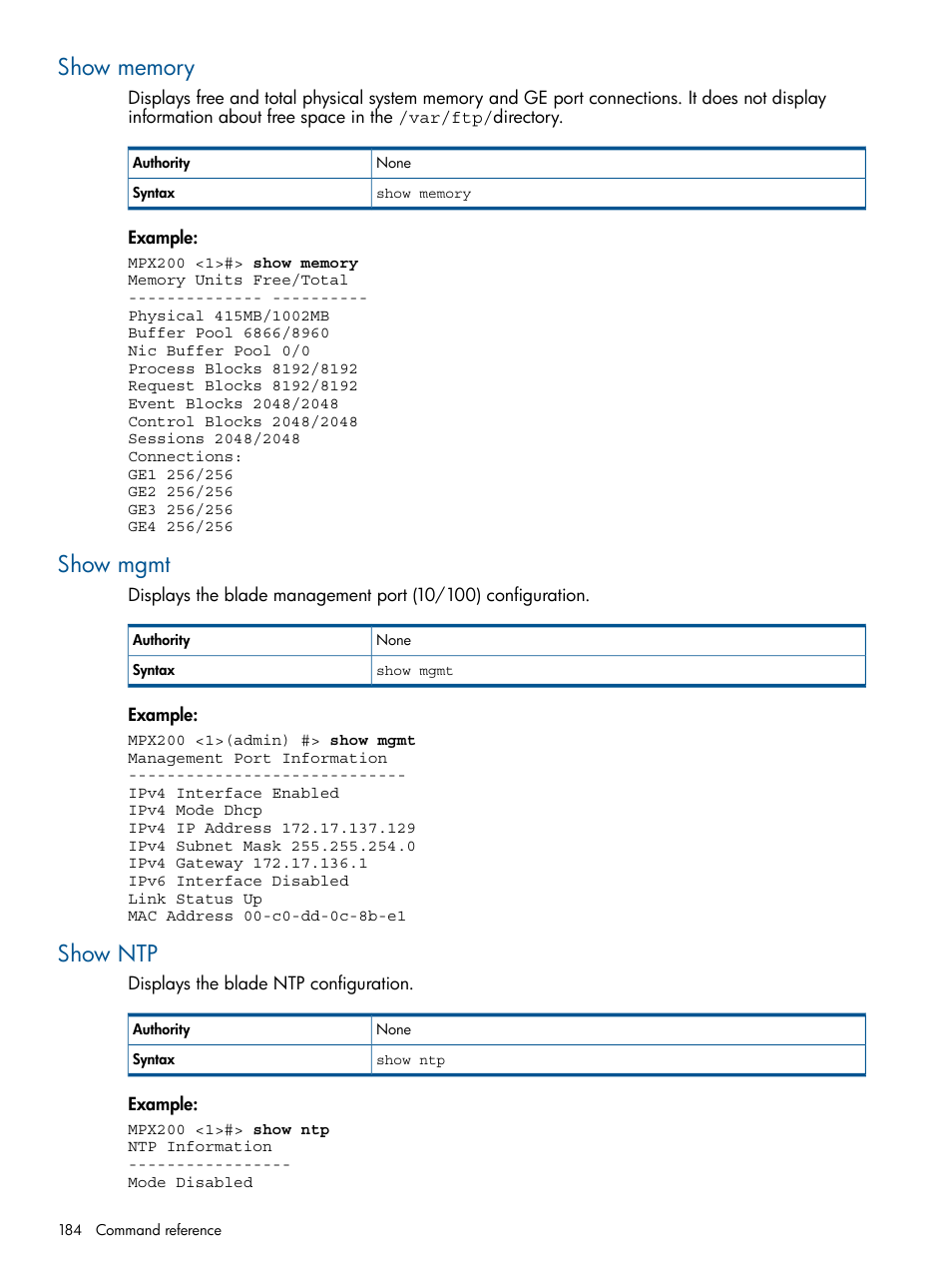 Show memory, Show mgmt, Show ntp | Show memory show mgmt show ntp | HP MPX200 Multifunction Router User Manual | Page 184 / 258