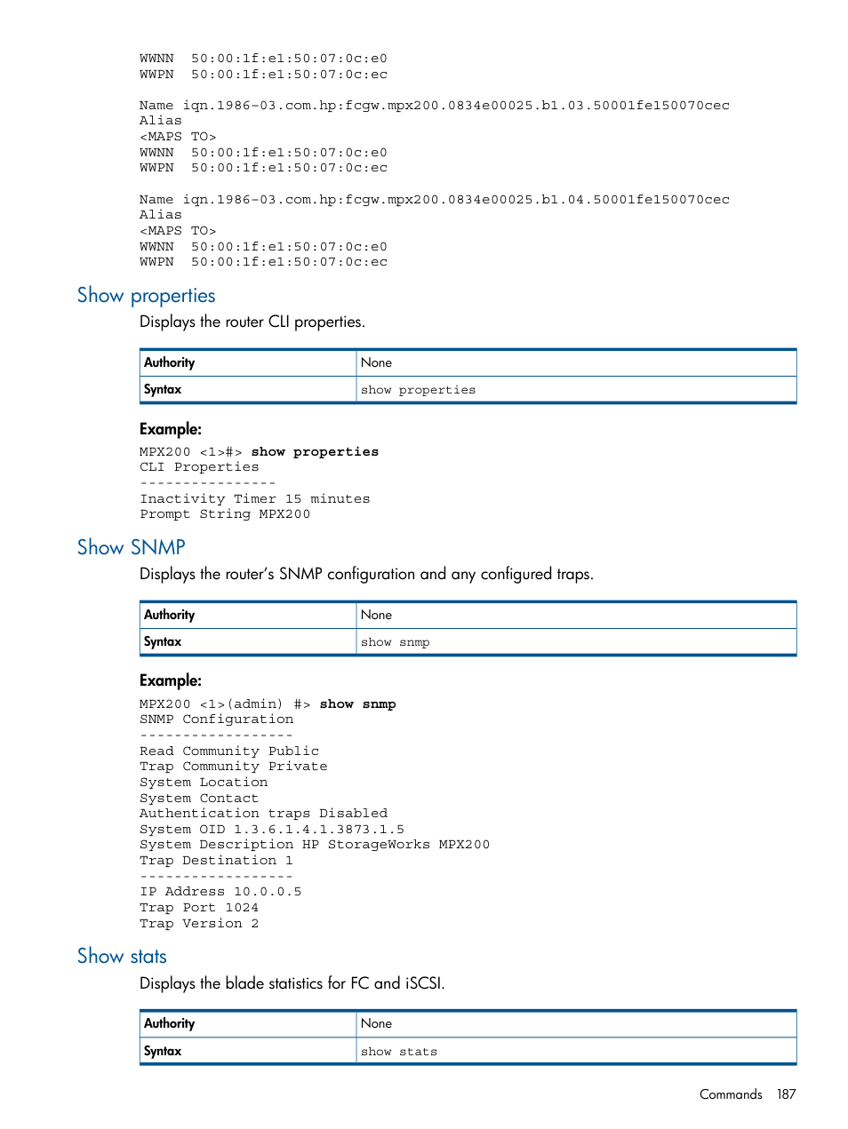 Show properties, Show snmp, Show stats | Show properties show snmp show stats, Show | HP MPX200 Multifunction Router User Manual | Page 187 / 258