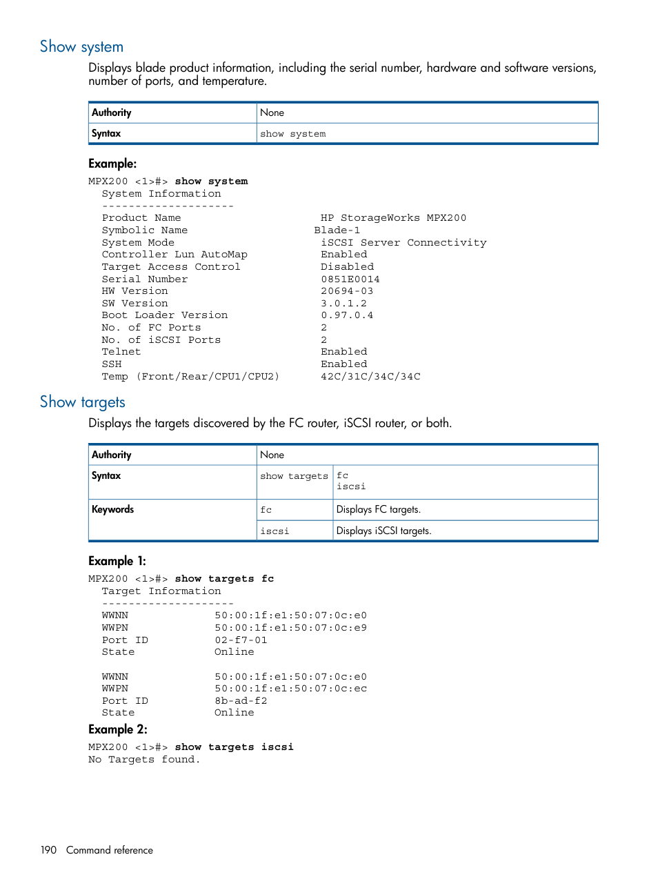 Show system, Show targets, Show system show targets | HP MPX200 Multifunction Router User Manual | Page 190 / 258