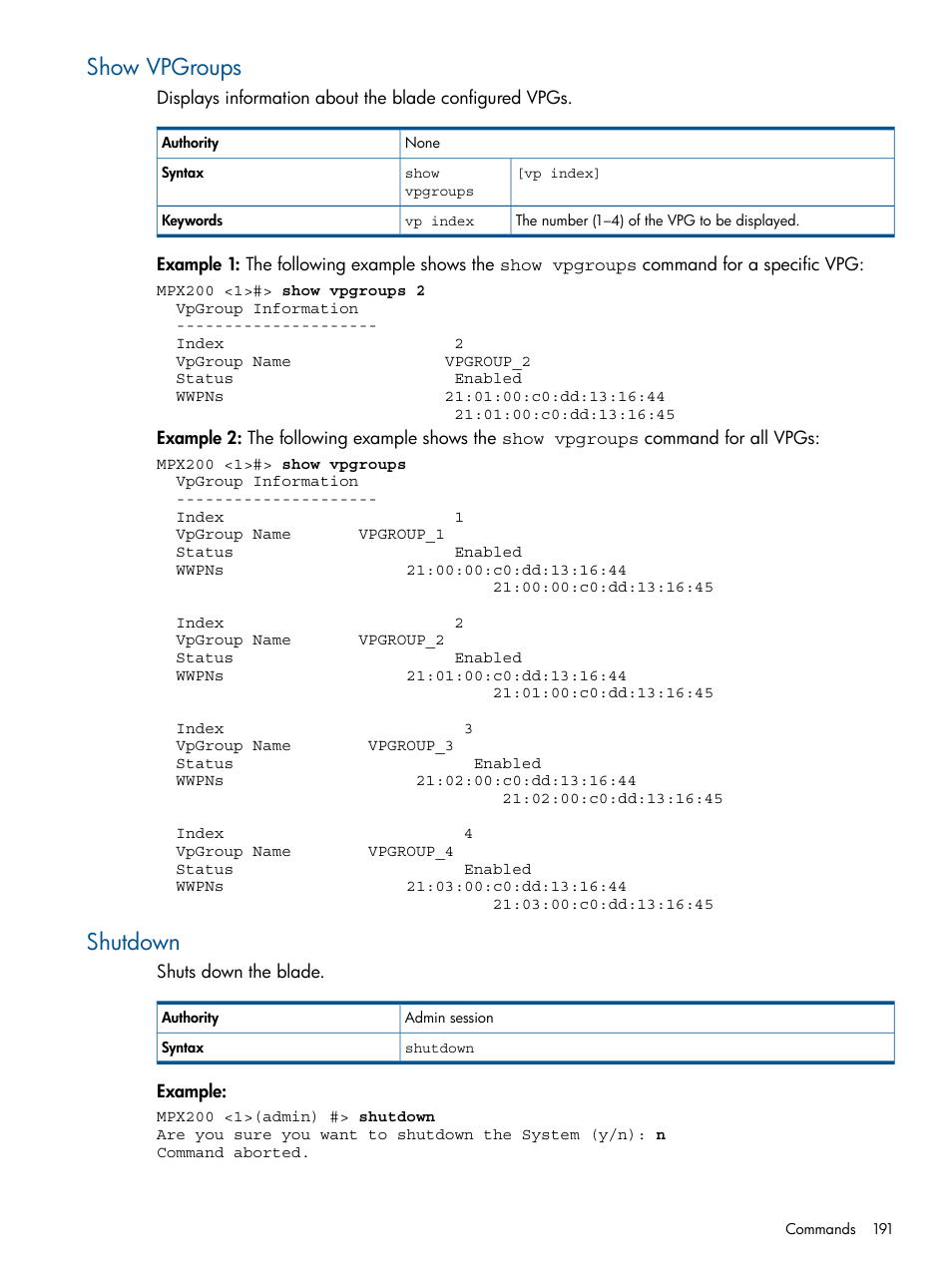 Show vpgroups, Shutdown, Show vpgroups shutdown | HP MPX200 Multifunction Router User Manual | Page 191 / 258