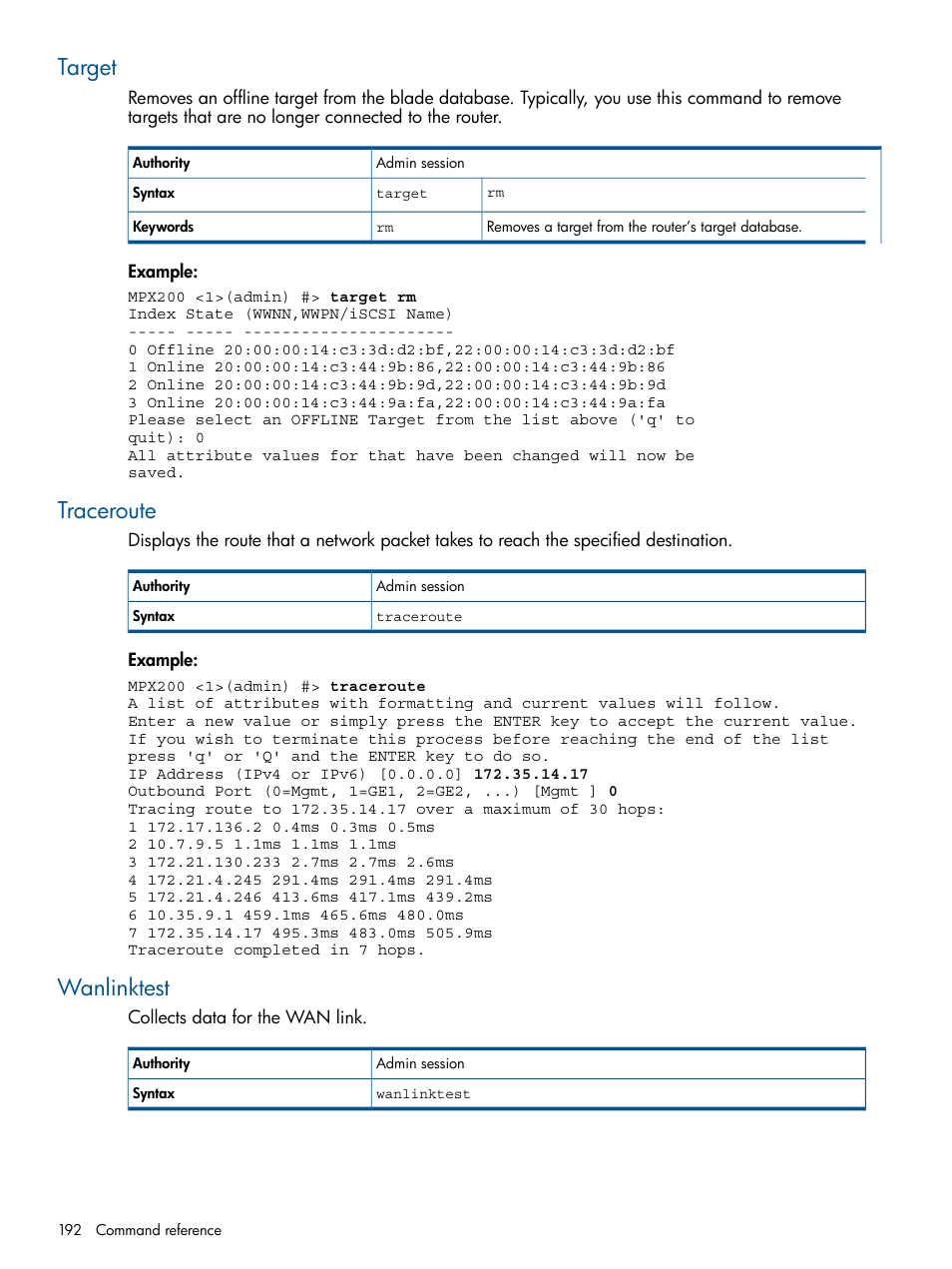 Target, Traceroute, Wanlinktest | Target traceroute wanlinktest | HP MPX200 Multifunction Router User Manual | Page 192 / 258