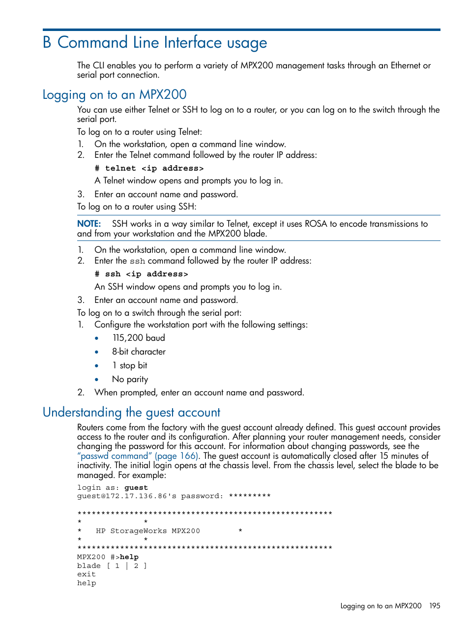 B command line interface usage, Logging on to an mpx200, Understanding the guest account | HP MPX200 Multifunction Router User Manual | Page 195 / 258