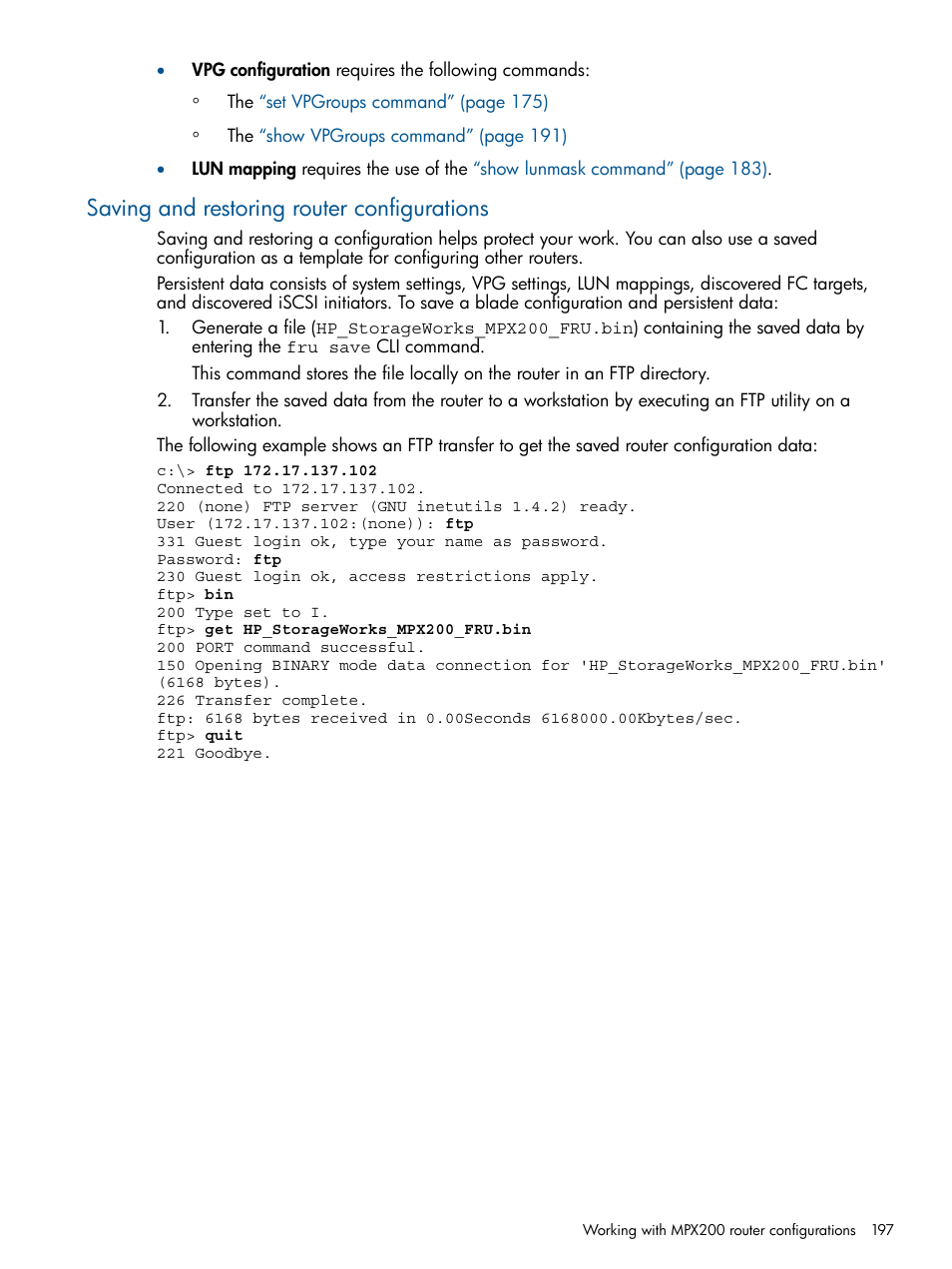 Saving and restoring router configurations | HP MPX200 Multifunction Router User Manual | Page 197 / 258