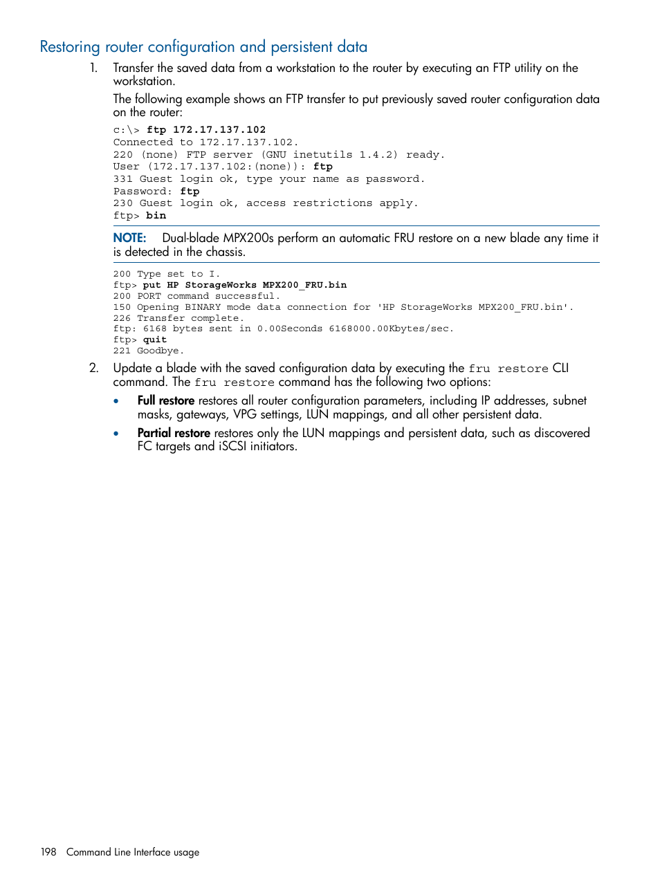 Restoring router configuration and persistent data | HP MPX200 Multifunction Router User Manual | Page 198 / 258