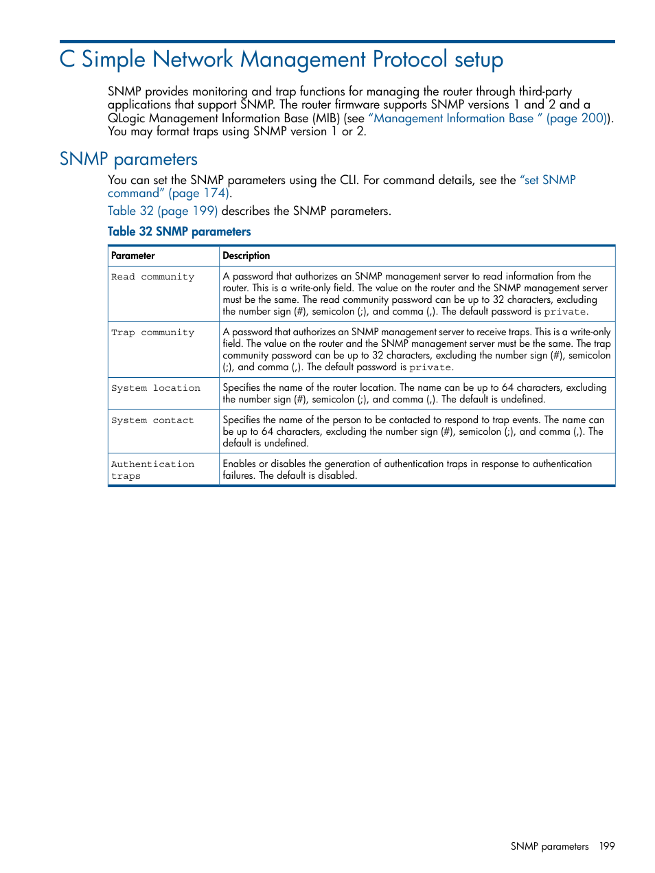 C simple network management protocol setup, Snmp parameters | HP MPX200 Multifunction Router User Manual | Page 199 / 258
