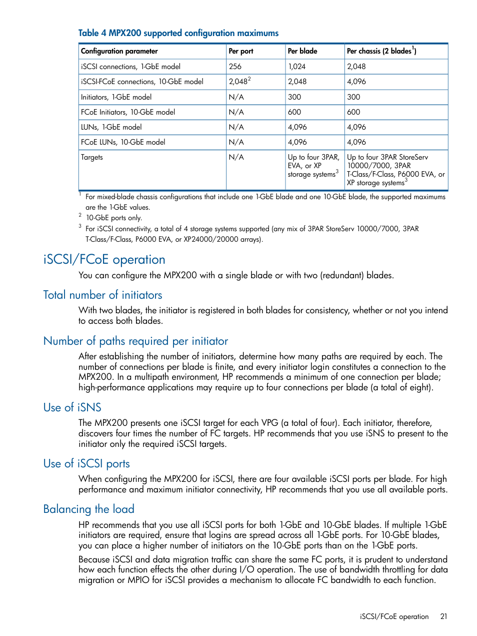 Iscsi/fcoe operation, Total number of initiators, Number of paths required per initiator | Use of isns, Use of iscsi ports, Balancing the load | HP MPX200 Multifunction Router User Manual | Page 21 / 258