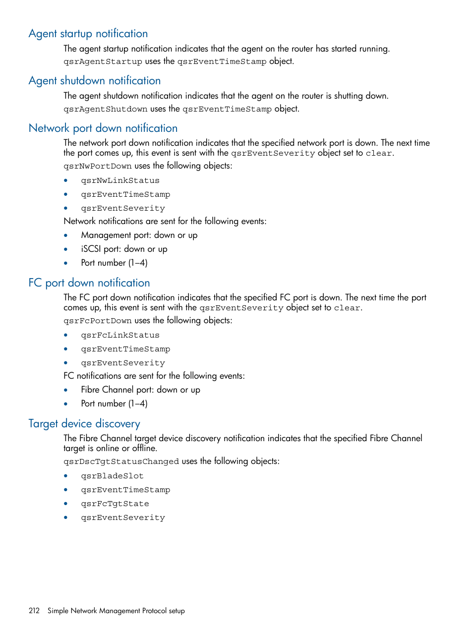 Agent startup notification, Agent shutdown notification, Network port down notification | Fc port down notification, Target device discovery | HP MPX200 Multifunction Router User Manual | Page 212 / 258