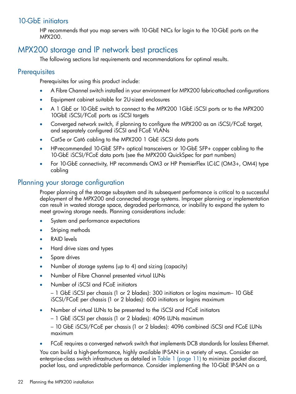 Gbe initiators, Mpx200 storage and ip network best practices, Prerequisites | Planning your storage configuration, Prerequisites planning your storage configuration | HP MPX200 Multifunction Router User Manual | Page 22 / 258