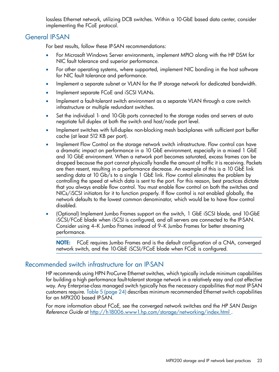 General ip-san, Recommended switch infrastructure for an ip-san | HP MPX200 Multifunction Router User Manual | Page 23 / 258