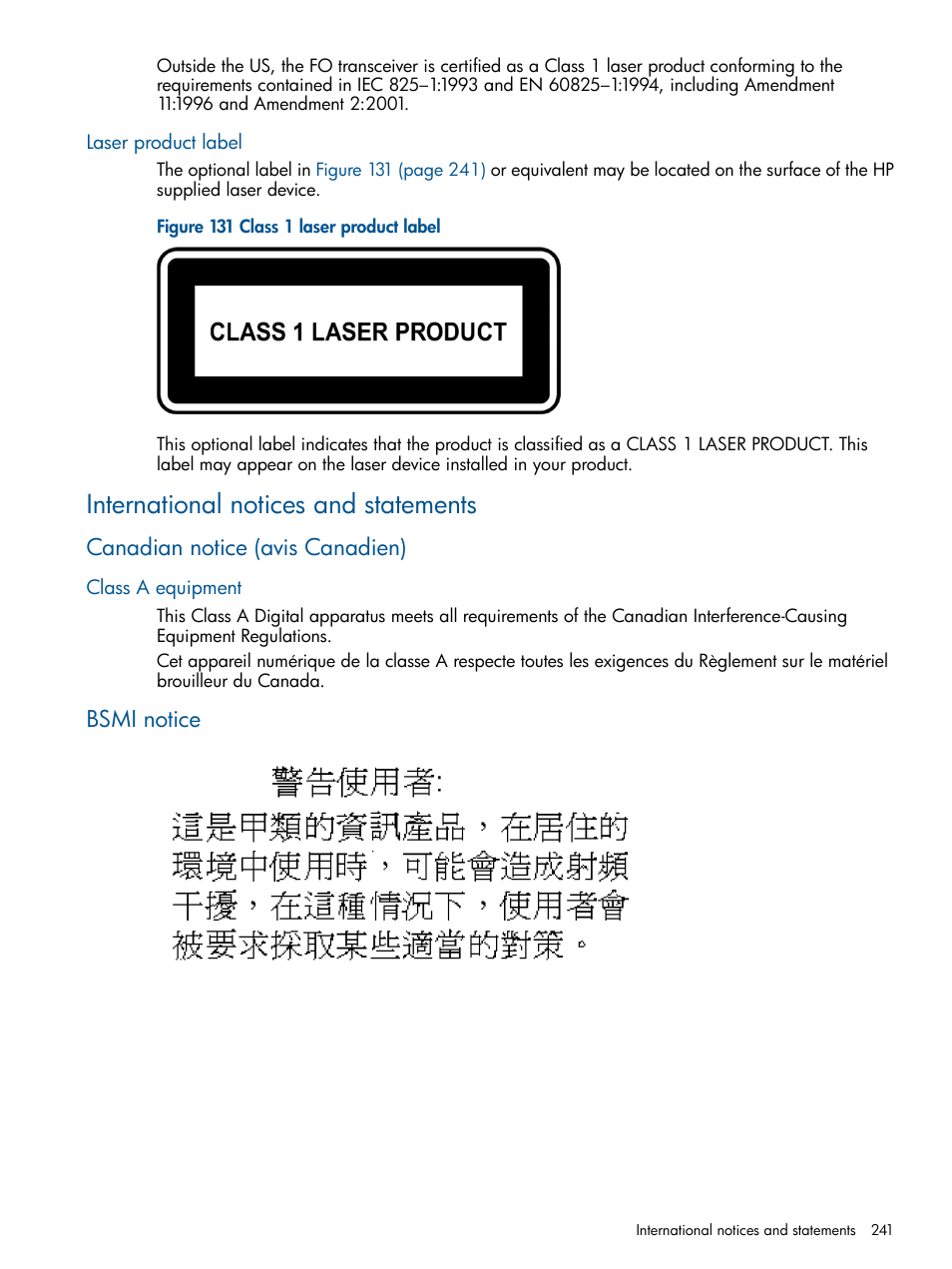 Laser product label, International notices and statements, Canadian notice (avis canadien) | Class a equipment, Bsmi notice | HP MPX200 Multifunction Router User Manual | Page 241 / 258